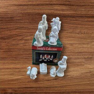 Santas Collection white Bisque Porcelain Nativity Figurine set of 9 Christmas